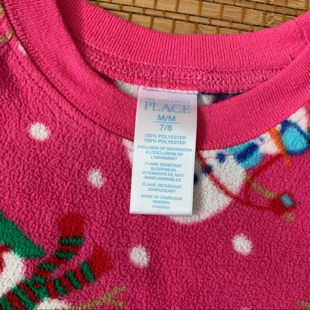 Children’s place pink flannel snowman pajamas size medium 7/8